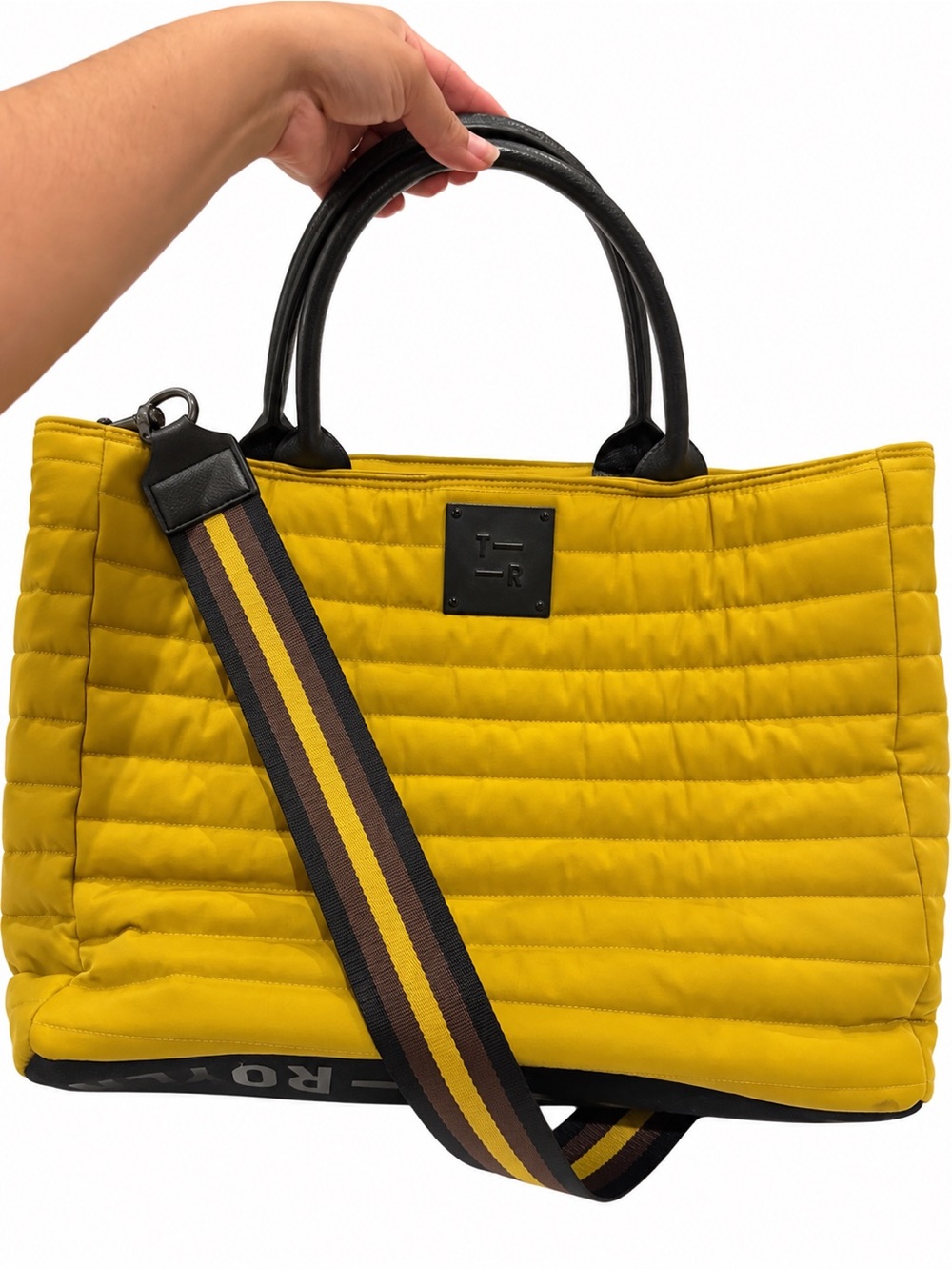 Think Royln Wingman Quilted Tote Bag Mustard Yellow Striped Strap Large